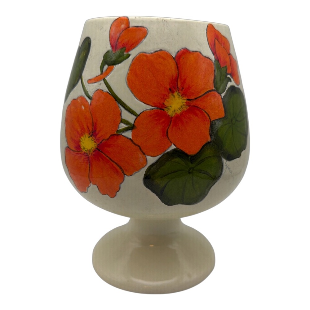 Ceramic Hand Painted Planter Orange Poppies Signed 1989 EUC